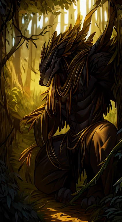 high quality, masterpiece, best detail, full-length, furry black wolf male in black armor with golden feathers and leaves, hands shrouded in golden light, summons vines with thorns from the ground