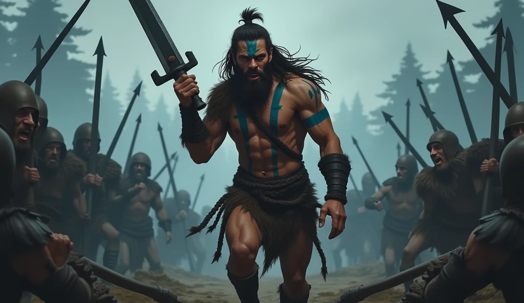 Fierce Celtic warrior in the heat of battle. The warrior’s intense expression is highlighted with dark blue war paint in bold stripes across his face, arms, and chest. He wears only a rough cloth around his waist, emphasizing his muscular build. He grips a large, rugged sword, which he raises as if preparing to strike. The animated scene shows him moving through a misty battlefield, with shadows of fallen warriors and dark forest silhouettes in the background. His movements are quick and intense, creating a sense of fierce determination and raw power.

