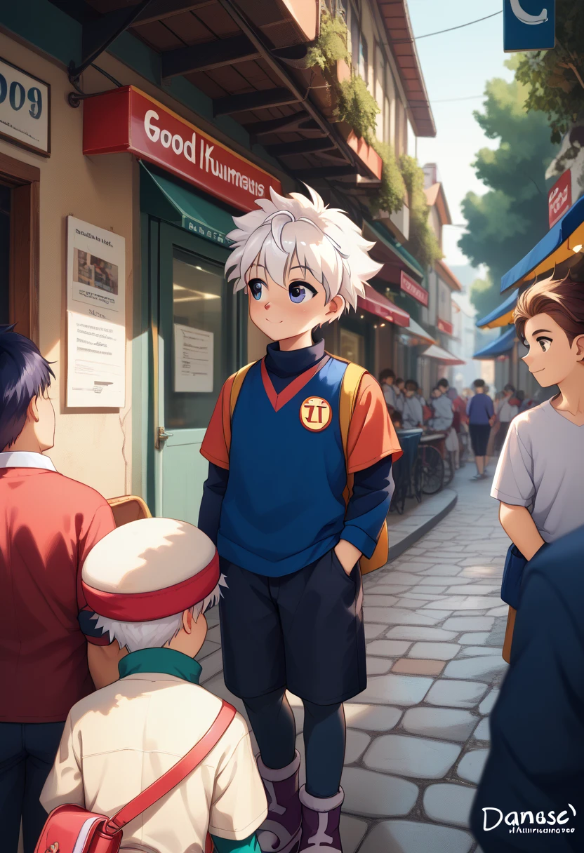 . good illustration,town,clip of anime,detail real texture, (dagasi).,killua , (Detailed texture rich contrast). Nice illustration.,,shota,short height  body. Cute killua boy.,dynamic angle,looking  at away,,(clothes ,. 
,)detail eyes,,,white hair,slender body,cute face.