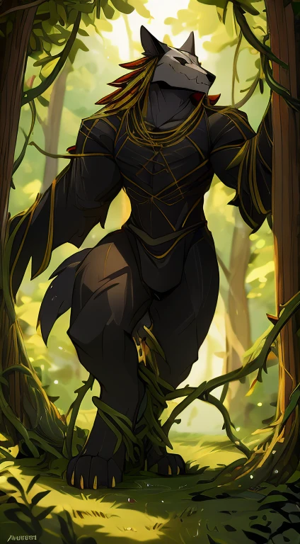 high quality, masterpiece, best detail, full-length, furry black wolf male in black armor with golden feathers and leaves, hands shrouded in golden light, summons vines with thorns from the ground