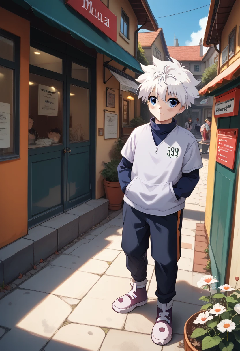 . good illustration,town,clip of anime,detail real texture, (dagasi).,killua , (Detailed texture rich contrast). Nice illustration.,,. Cute killua.,dynamic angle,looking  at away,,(clothes ,. 
,)detail eyes,,,white hair,slender body,cute face.