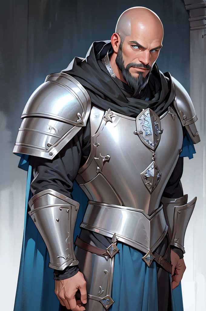 (masterpiece:1.2), (best quality:1.2), perfect eyes, perfect face, perfect lighting, 1boy, mature male, bald, black bushy beard, steel armor, breastplate, shin guard, pauldrons, gauntlets, fantasy, detailed outdoor background