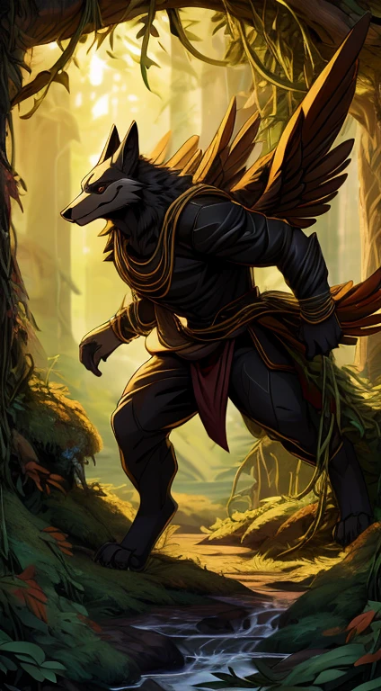 high quality, masterpiece, best detail, full-length, furry black wolf male in black armor with golden feathers and leaves, hands shrouded in golden light, summons vines with thorns from the ground