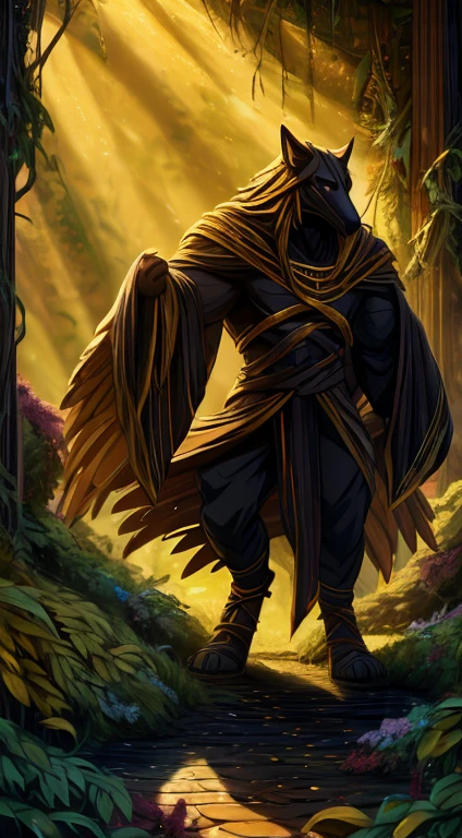 high quality, masterpiece, best detail, full-length, furry black wolf male in black armor with golden feathers and leaves, hands shrouded in golden light, summons vines with thorns from the ground