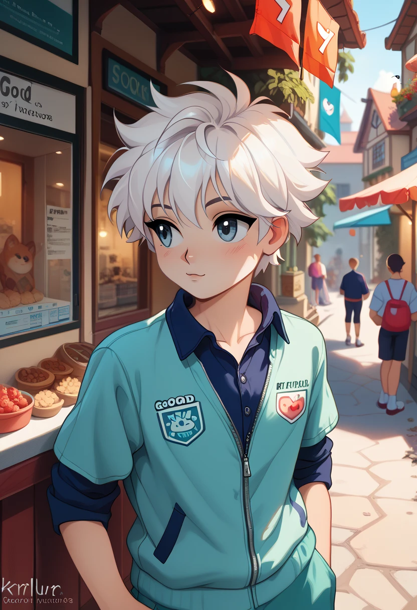 . good illustration,town,clip of anime,detail real texture, , (Detailed texture rich contrast). Nice illustration.,,. Cute killua.,dynamic angle,looking  at away,,(clothes ,. 
,)detail eyes,,,white hair,slender body,cute face.