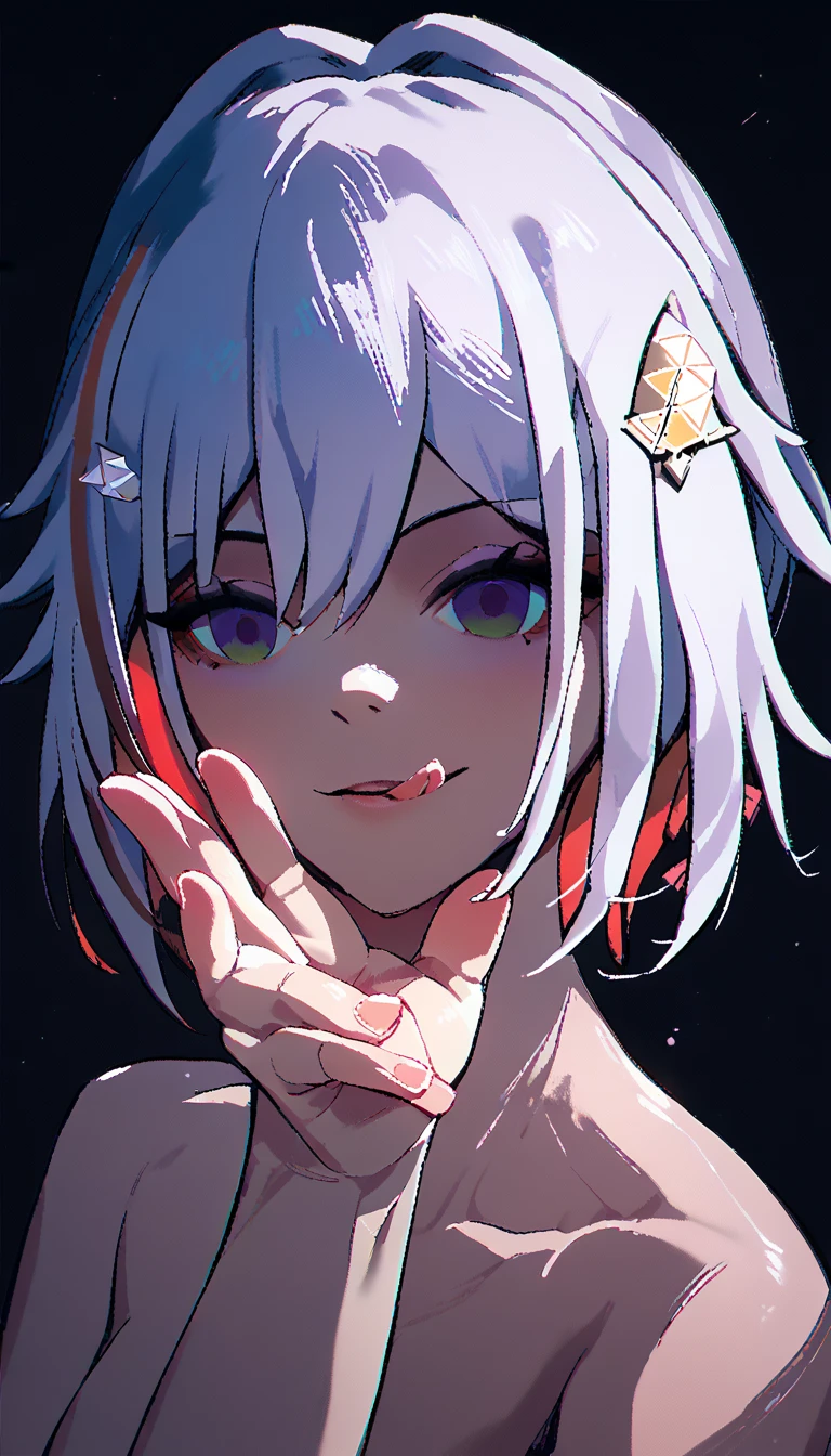 Masterpiece, best quality, best detailed hand, Topaz, honkai_Star_Rail, White hair, empty eyes, licking lips, short hair, naked, close up, looking at viewer, simple background, anime coloring,