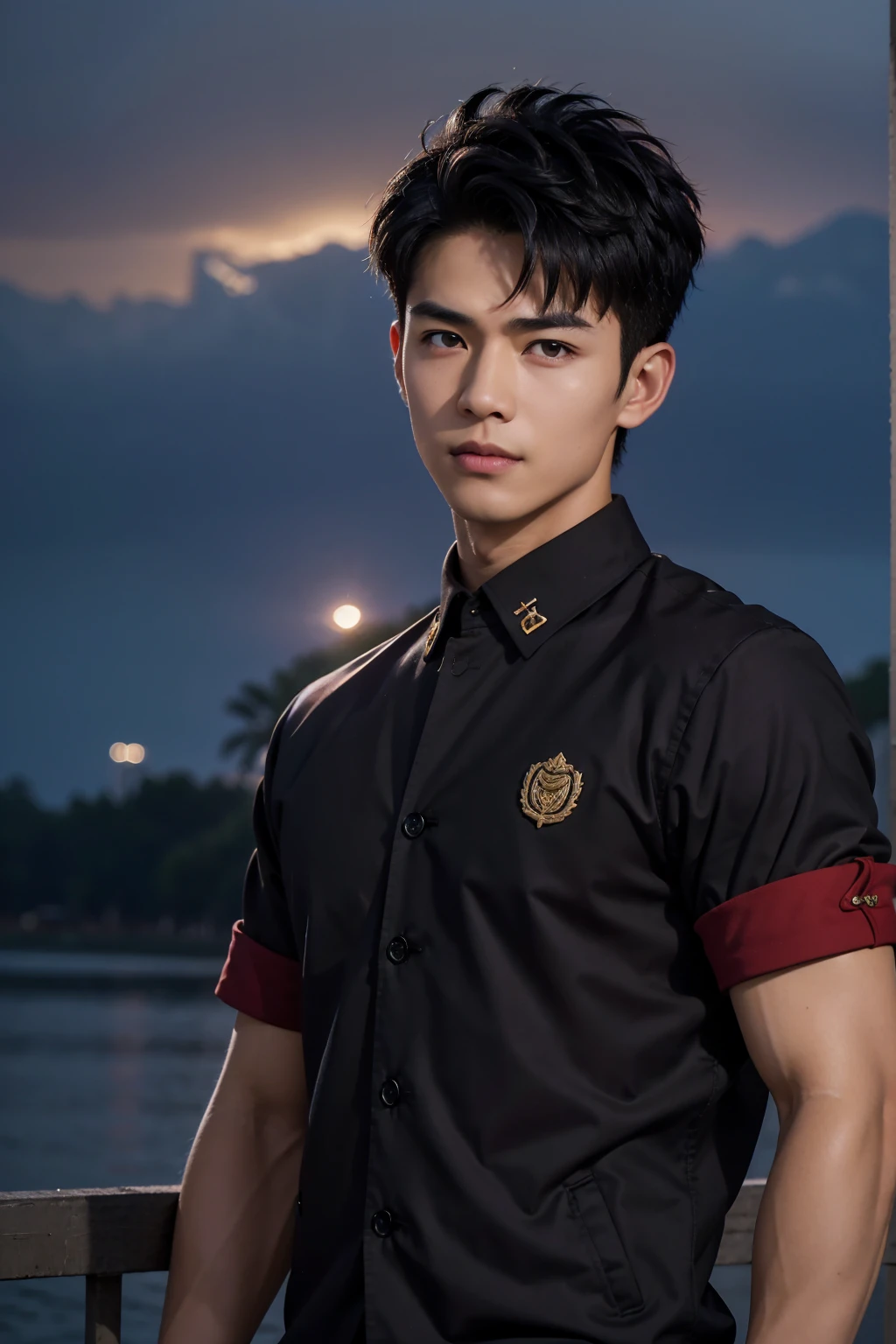 (penthusiasmorealistic, masterpiece, 【8k, HD, portrait,  closed on the face , intricate details, soft light, absurdres),  A handsome young Vietnamese man , Soldier, 3O  , strong, Brave, Decide, confident, Tough, Daunting, Naughty, enthusiasm, Attractive, giggle,  Detailed Face , red eyes,  Detailed Eyes ,  sharp eyes ,  Watch the audience,  wears a jacket with rolled up sleeves on the outside of his shirt, casual wear, tanned skin, fit, black hair, short hair,  hedgehog head , outdoor, pier, dawn, Star, constellation, Cosmic, Dream World ,  Surrealism , otherworldly