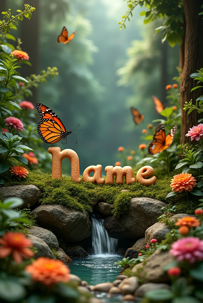 Diorama of the name with flowers, butterfly and plants