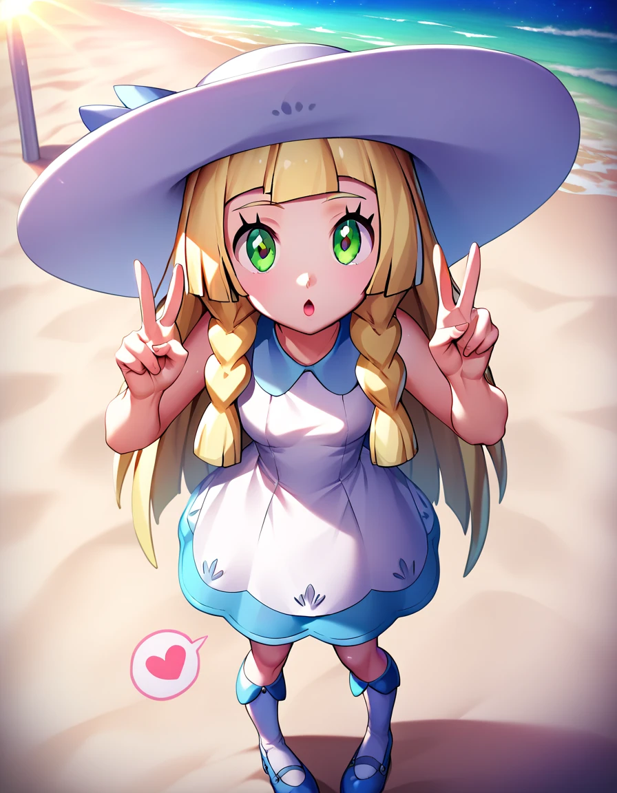 from above, looking at viewer, cowboy shot, (square eyes, very big eyes:1.1), beautiful detailed eyes, BREAK, 1female, 1lillie1, blonde hair, long hair, green eyes, 2default2, twin braids, white sunhat, white dress, sleeveless dress, kneehighs, blue footwear, (spoken heart:1.2), (hand sign, double peace:1.3), (standing, on beach:1.3), (outdoors, summer beach:1.4), (night:1.3), score_9, score_8_up, score_7_up, score_6_up, score_5_up, score_4_up, (hyper extreme detailed), (masterpiece), (hyper extreme), game CG, (colour:1.2)