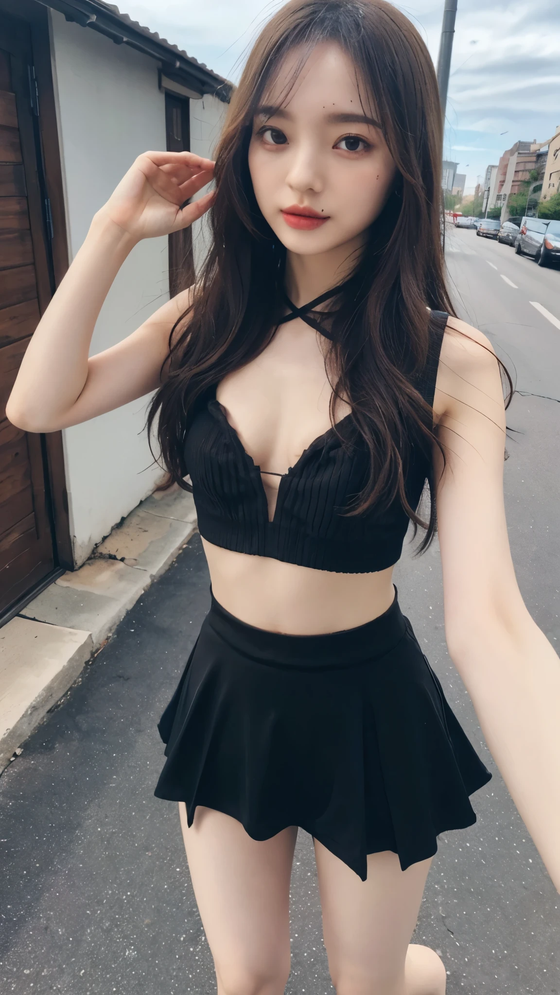 (small breasts:1.2), 
(black see-through Peplum top:1.1), 
(tight Mini skirt:1.1), 
(covered nipples:1.05), 
(puffy nipples:1.05), 
full body, 
outdoor, 
master piece, 
best quality, 
photorealistic, 
