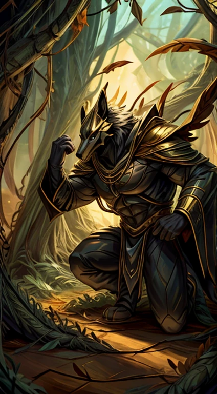 high quality, masterpiece, best detail, full-length, furry black wolf male in black armor with golden feathers and leaves, hands shrouded in golden light, summons vines with thorns from the ground