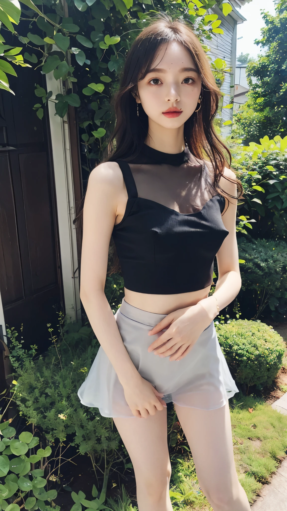 (small breasts:1.2),
(black see-through Peplum top:1.1),
(tight Mini skirt:1.1),
(covered nipples:1.05),
(puffy nipples:1.05),
full body,
outdoor,
master piece,
best quality,
photorealistic,