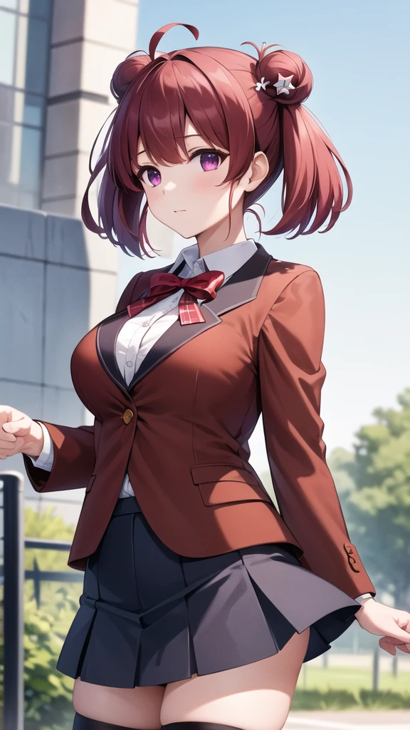 masterpiece, best quality, highres, 1girl, solo, short hair, red hair, short twintails, double bun, ahoge, hair ornament, purple eyes, large breasts, red bow, blazer, Brown jacket, long sleeves, plaid skirt, Grey skirt, black thighhighs, outdoors, cowboy shot, standing, looking at viewer,