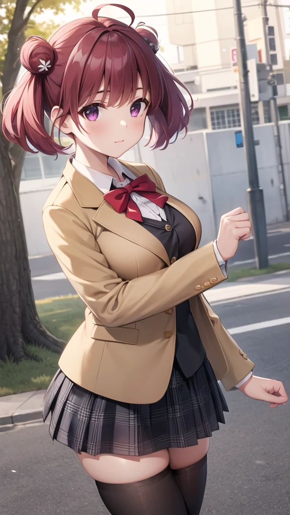 masterpiece, best quality, highres, 1girl, solo, short hair, red hair, short twintails, double bun, ahoge, hair ornament, purple eyes, large breasts, red bow, blazer, Brown jacket, long sleeves, plaid skirt, Grey skirt, black thighhighs, outdoors, cowboy shot, standing, looking at viewer,