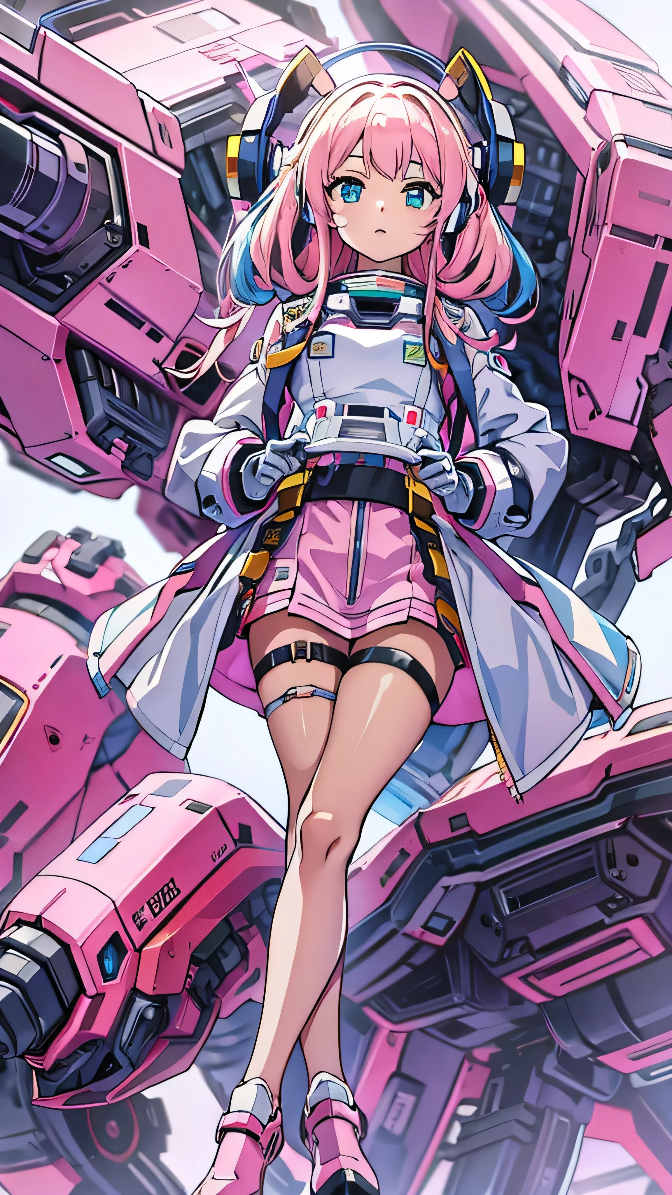 With high definition images，  beautiful girl standing in front of a robot、  high definition ,  1 girl, Super  high definition , alone,  mecha pilot,  robot ,  headphones, Pink space suit、  blue tights ,  review,  robot pilot 。 Looking at the camera in front of Gundam in the base。