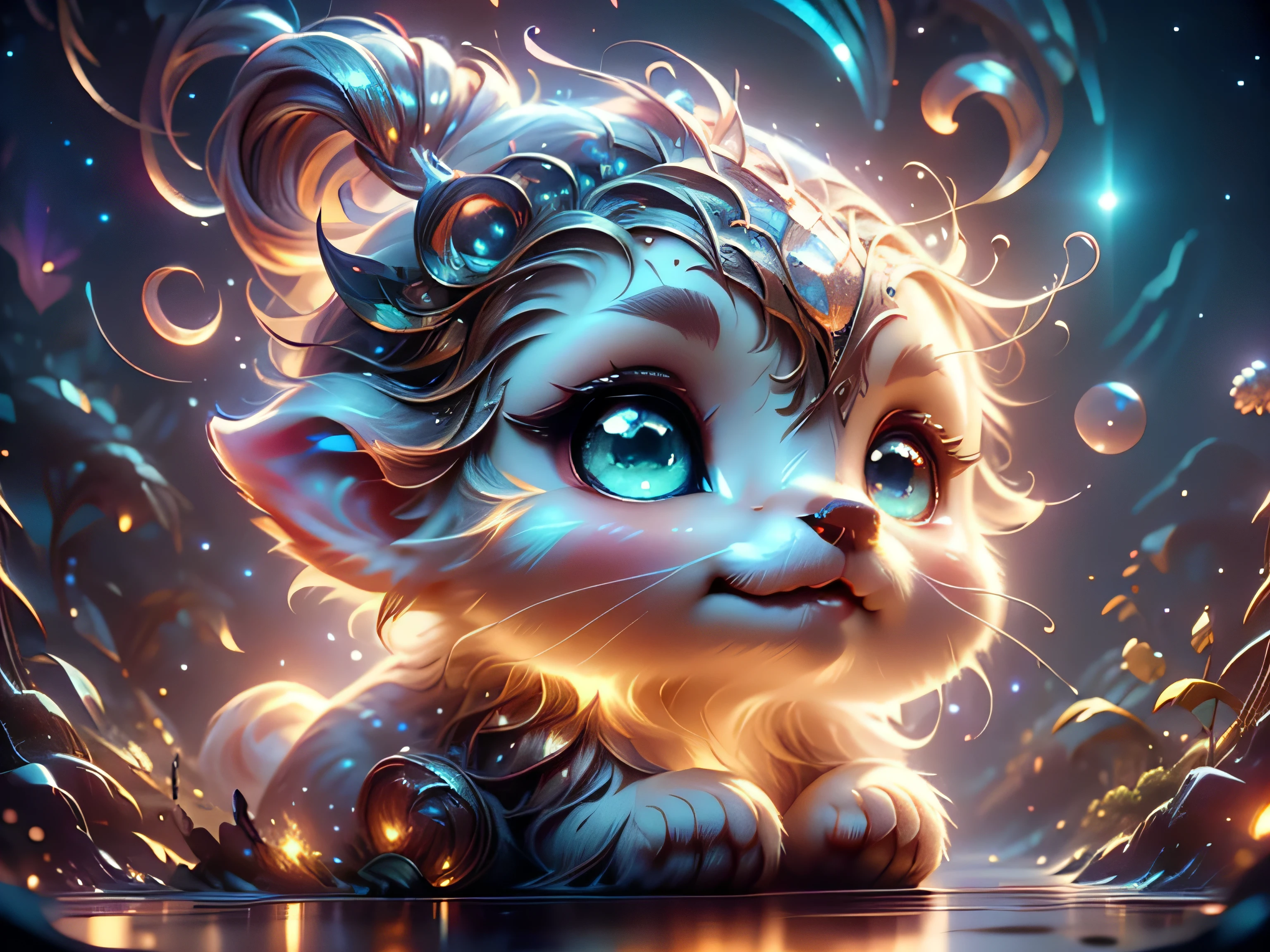 Magical Fantasy Creature, (Best Quality, Masterpiece, Representative Work, Official Art, Professional, Super Detailed, 8k:1.3), (Photorealism:1.2) Super Cute, Big Eyes, Soft, Soft Nose, Fluffy, Two-Toothed Smile, A baby white unearthly creature has big green eyes with gold sparkle, northern lights light up the night sky, magical moment, hyper-realistic digital artwork, highly detailed, Realistic, Beautiful, Soft Volumetric Light, (Backlight:1.3), (Cinematic:1.2), Intricate Details, (ArtStation:1.3), --auto --s2