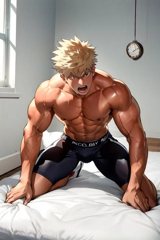 Katsuki Bakugo from Boku No Hero Academia, wearing a jockstrap, red eyes, huge bodybuilder, defined body, big glutes, bubble butt, shirtless, abs, big legs spread open, white empty room, sexy, sweat, huge swollen bulge, looking up at a swinging pocket watch, lying on the bed, hypnotized, open mouth, "I will obey.... I must ... obey.... Obey ... your voice.... I ... obey, .... my Coach.... A jock boy ... obeys his coach.... I am a big dumb jock boy.... I do not think. I obey.... Flex, ... grow, ... obey.... Yes, Coach.... I obey...."