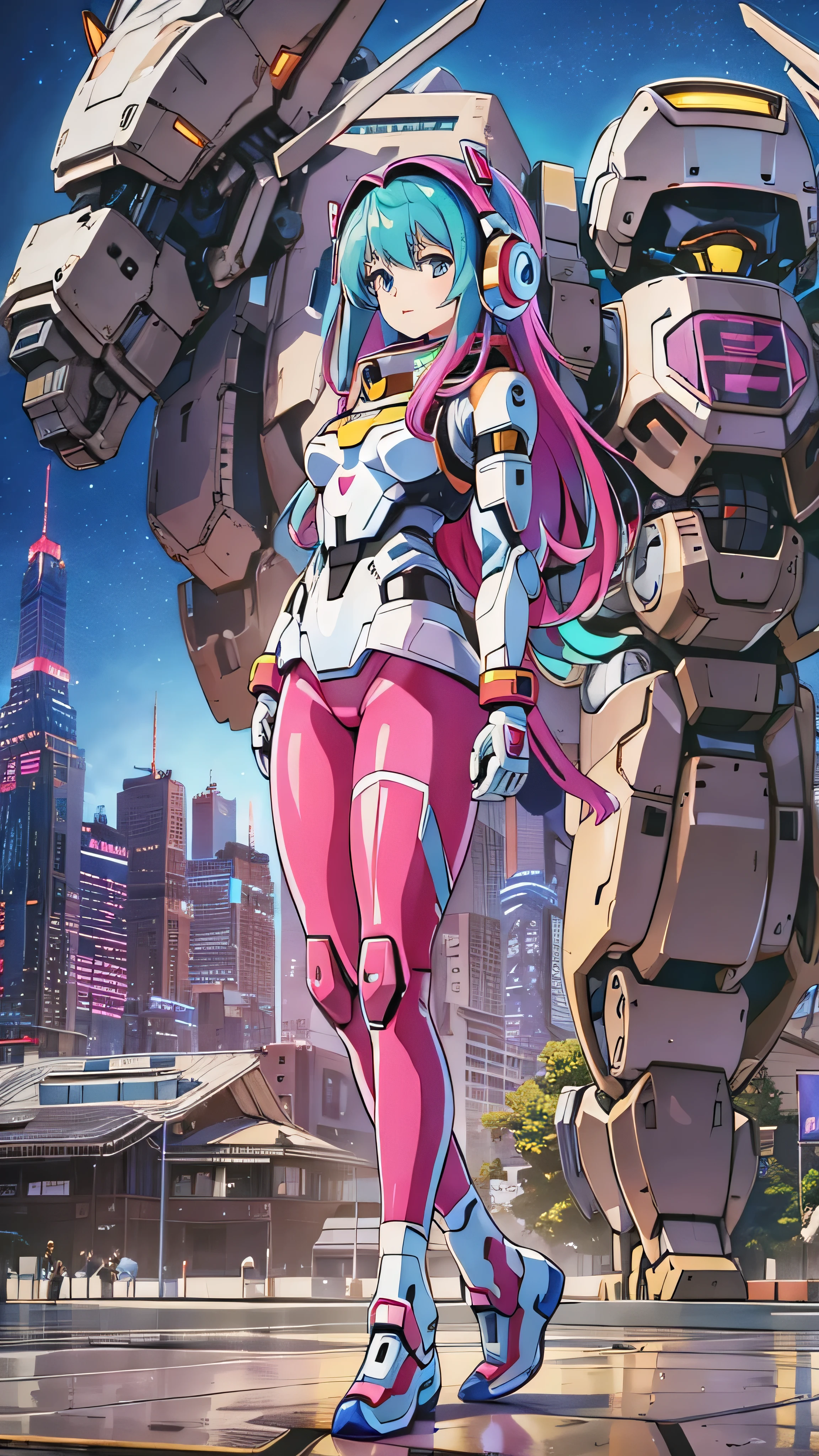 With high definition images，  beautiful girl standing in front of a robot、  high definition ,  1 girl, Super  high definition , alone,  mecha pilot,  robot ,  headphones, Pink space suit、  blue tights ,  review,  robot pilot 。 Looking at the camera in front of Gundam in the base。