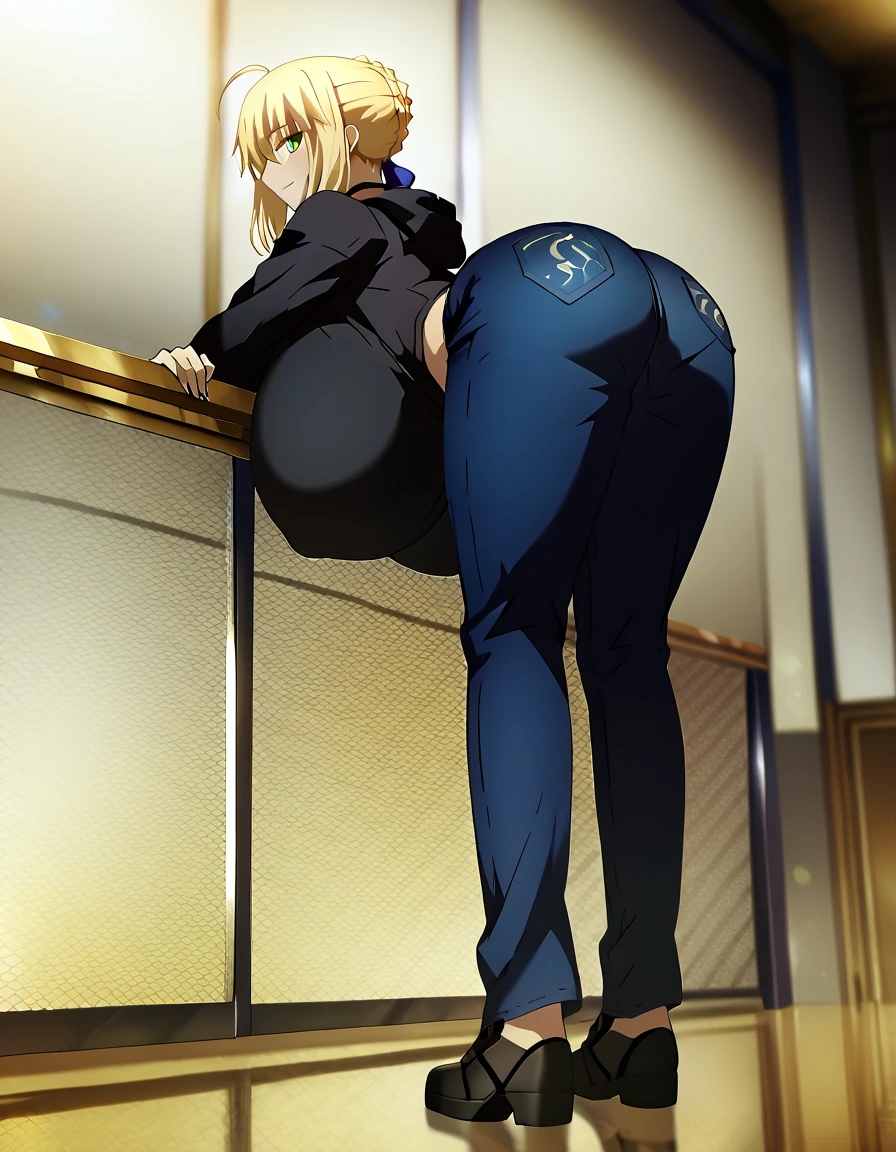 Highest quality, official style, very aesthetic, score_8_up, score_9_up, score_7_up, High Resolution, 1 girl, artoria pendragon, artoria pendragon \(fate\), saber, blonde hair, green eyes, ahoge, sidelocks, official art, black hoodie, white shirt, jeans, choker, masterpiece, high details, high quality, super detail, best quality, cleavage, bent over, leaning forward, seductive smile, seductive, bedroom eyes, blush, cowboy shot, gigantic breasts, erect nipples, wide hip, big ass, hyper breasts, huge breasts, 