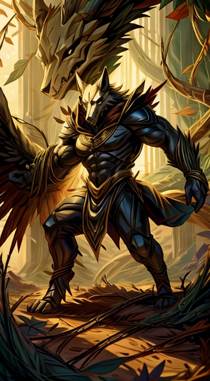 high quality, masterpiece, best detail, full-length, furry black wolf male in black armor with golden feathers and leaves, hands shrouded in golden light, summons vines with thorns from the ground