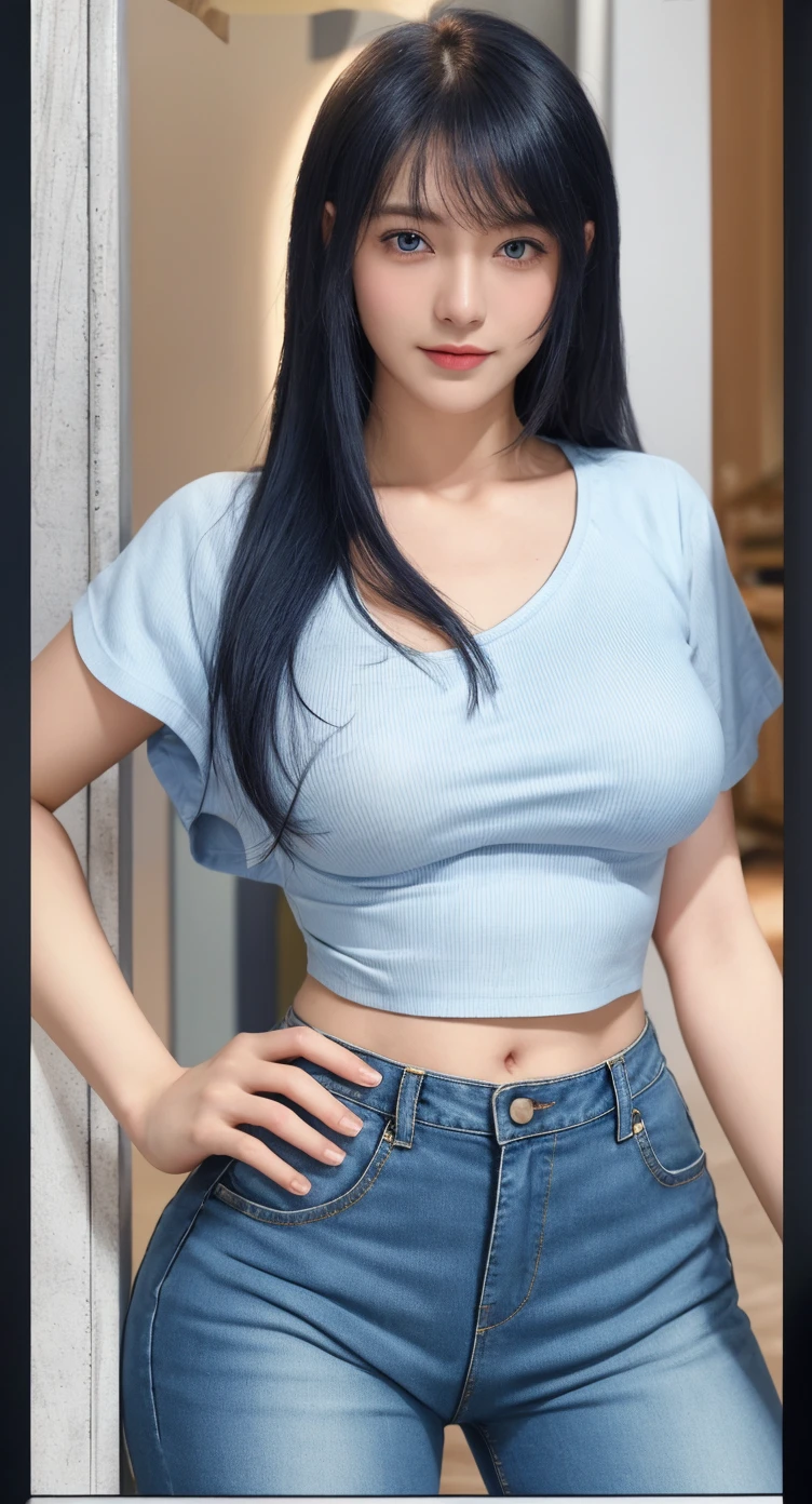 (RAW shooting, Photoreal:1.5, 8k, highest quality, masterpiece, ultra high resolution), perfect dynamic composition:1.2, Highly detailed skin and facial textures:1.2, beautiful and aesthetic:1.2, Fair skin, (large breast:1.4,chest gap:1.4),(perfect limbs:1.2), (perfect fingers:1.2),((standing:2)),(1girl, asian,Mio Serizawa,glamour,earrings,necklace,long dark blue hair,tight white shirt,short sleeves,navel,red jacket,belt,tight denim shorts,knee pads,perfect thigh,sandals),(simple background:1),