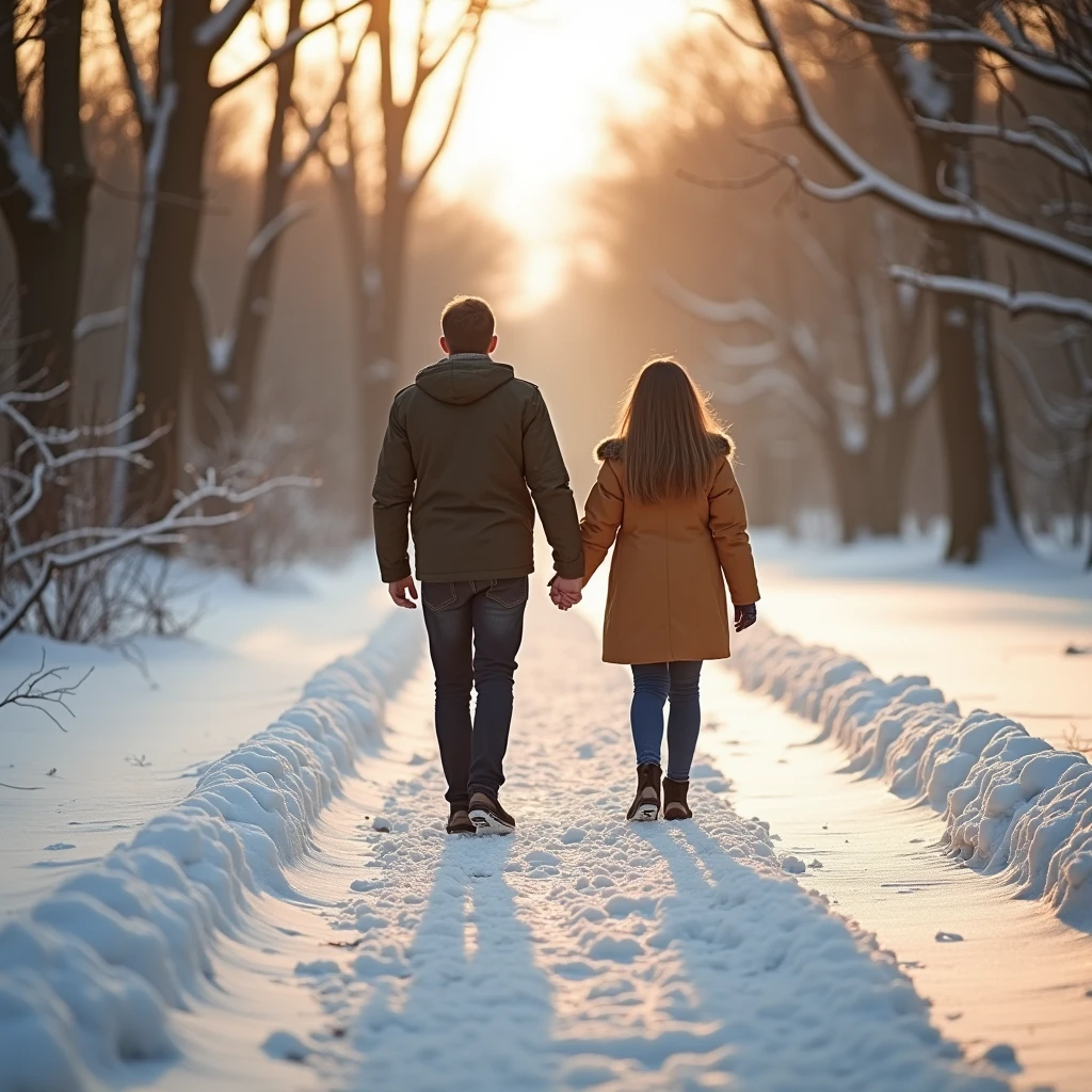 1man + 1woman, winter cap, puffed jacket, jeans, gloves, walking, holding hands,
in street, snowy street, mid-day time, winter, snowfall in background, trees in background, heavyfall, snow, very snowy, trees covered in snow,
<lora:last:0.7>
