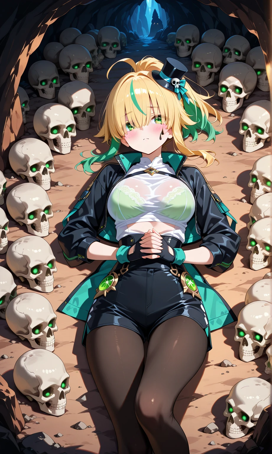 1girl, solo, bra visible through clothes, teardrop facial mark, green hair, yellow hair, blush, hair over eyes, ahoge, (vertical:1.2(split-color_hair:1, 3)), long hair, ponytail, short ponytail, green eyes, breasts, pantyhose, high weist short, open jacket, open clothes, clothing cut out above navel, black jacket, mini hat, mini top hat, own hand clasped, short short, fingerless glove, BREAK, skull of field, surrounded by skull, lying, on back, laying on back, life like, (visual impact:1.2), inside (cave:1.2), masterpice:1.2, best quality:1.3, high detailed:1.1, absurdres:1.2, dramatic lighting:1.2