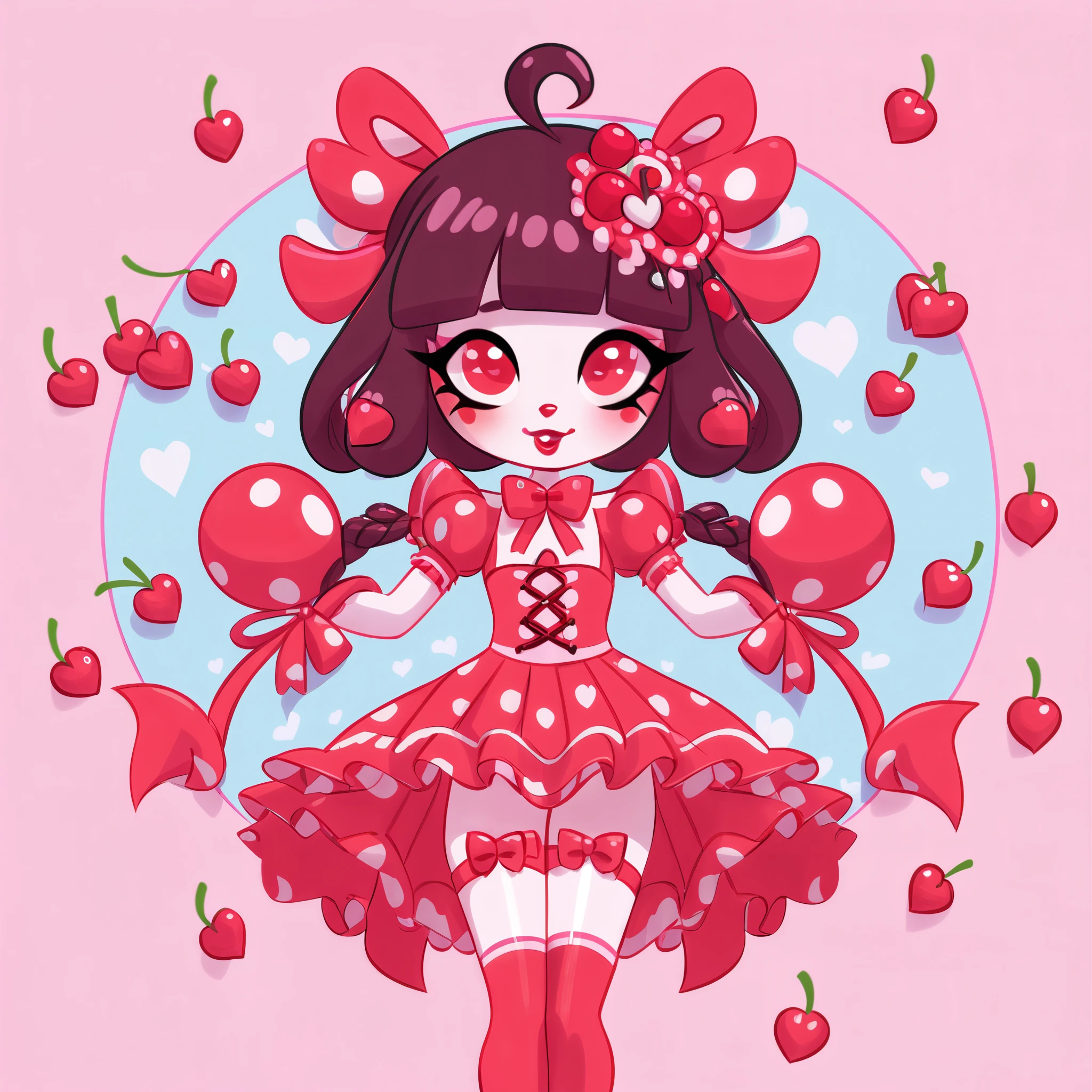 Cherry Girl with a cute outfit and cherries all around in geoxor art style