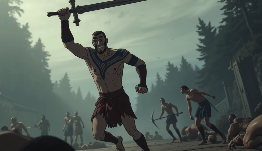 Fierce Celtic warrior in the heat of battle. The warrior’s intense expression is highlighted with dark blue war paint in bold stripes across his face, arms, and chest. He wears only a rough cloth around his waist, emphasizing his muscular build. He grips a large, rugged sword, which he raises as if preparing to strike. The animated scene shows him moving through a misty battlefield, with shadows of fallen warriors and dark forest silhouettes in the background. His movements are quick and intense, creating a sense of fierce determination and raw power.

