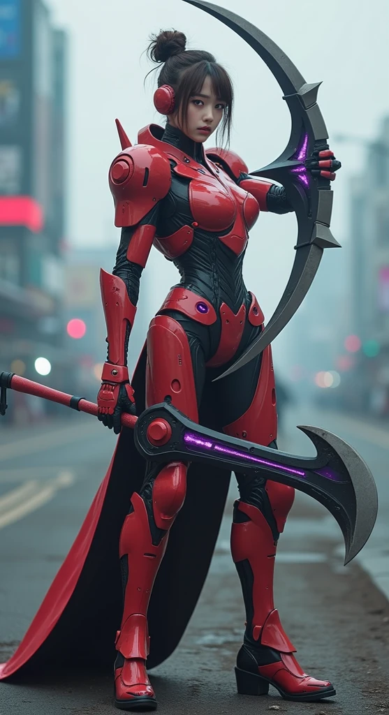 Seorang wanita korea berkostum merah robot armor baja hitam neon,berdiri memegang kampak panjang berujung besar,menghadap kamera,white backgroundraw photo Canon EOS R5, quality 5, gorgeous young girl, Canon EOS R5 --ar 3:photo, iron Girl,purple eyes,beautiful,waking you up in the morning, bun hairstyle --chaos 80 --v 6.1 --style raw --weird 300 --v 6.1,cosplay robotic,sedang berdiri memegang tongkat  besar panjang berujung lancip seperti bulan sabit