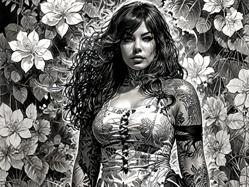  Ashley Alexiss dressed with black electrical tape ,center of the face, dress with black electrical tape , anime ::Jason Fabok e estilo Yoji Shinkawa ::2.0 comix illustration style, tattoo style ,  comic book style  ,  beautiful woman with ultra detailed long hair, (beautiful and clear background:1.2), , fantastic paintings , graphite style;jungle, flower, Highly detailed eyes ,  a t-shirt or dress with a white blouse underneath, position, a bracelet,  with long black hair , , pysics moving
