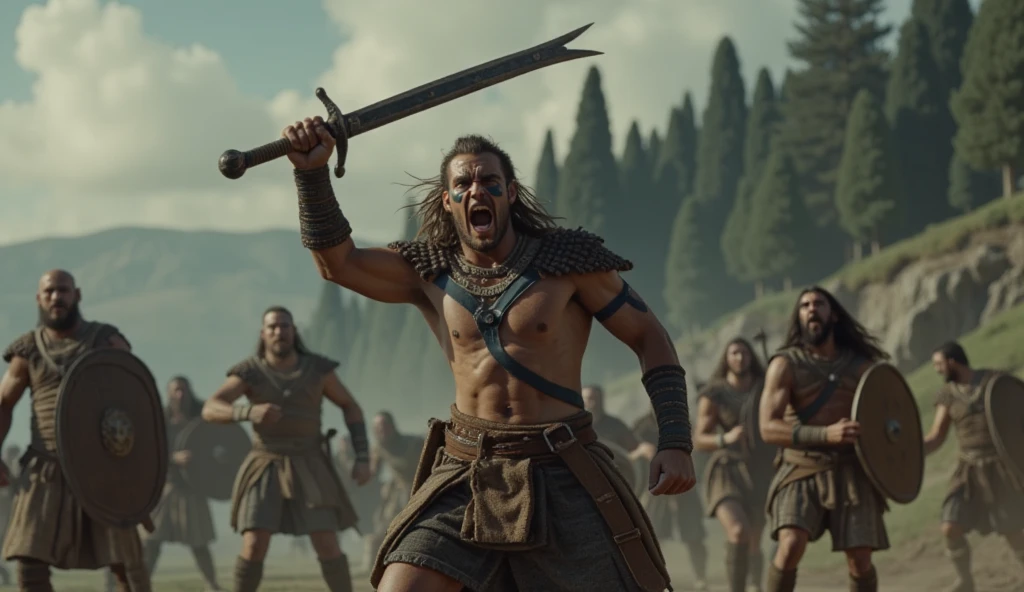 Fierce Celtic warrior in the heat of battle. The warrior’s intense expression is highlighted with dark blue war paint in bold stripes across his face, arms, and chest. He wears only a rough cloth around his waist, emphasizing his muscular build. He grips a large, rugged sword, which he raises as if preparing to strike. The animated scene shows him moving through a misty battlefield, with shadows of fallen warriors and dark forest silhouettes in the background. His movements are quick and intense, creating a sense of fierce determination and raw power.

