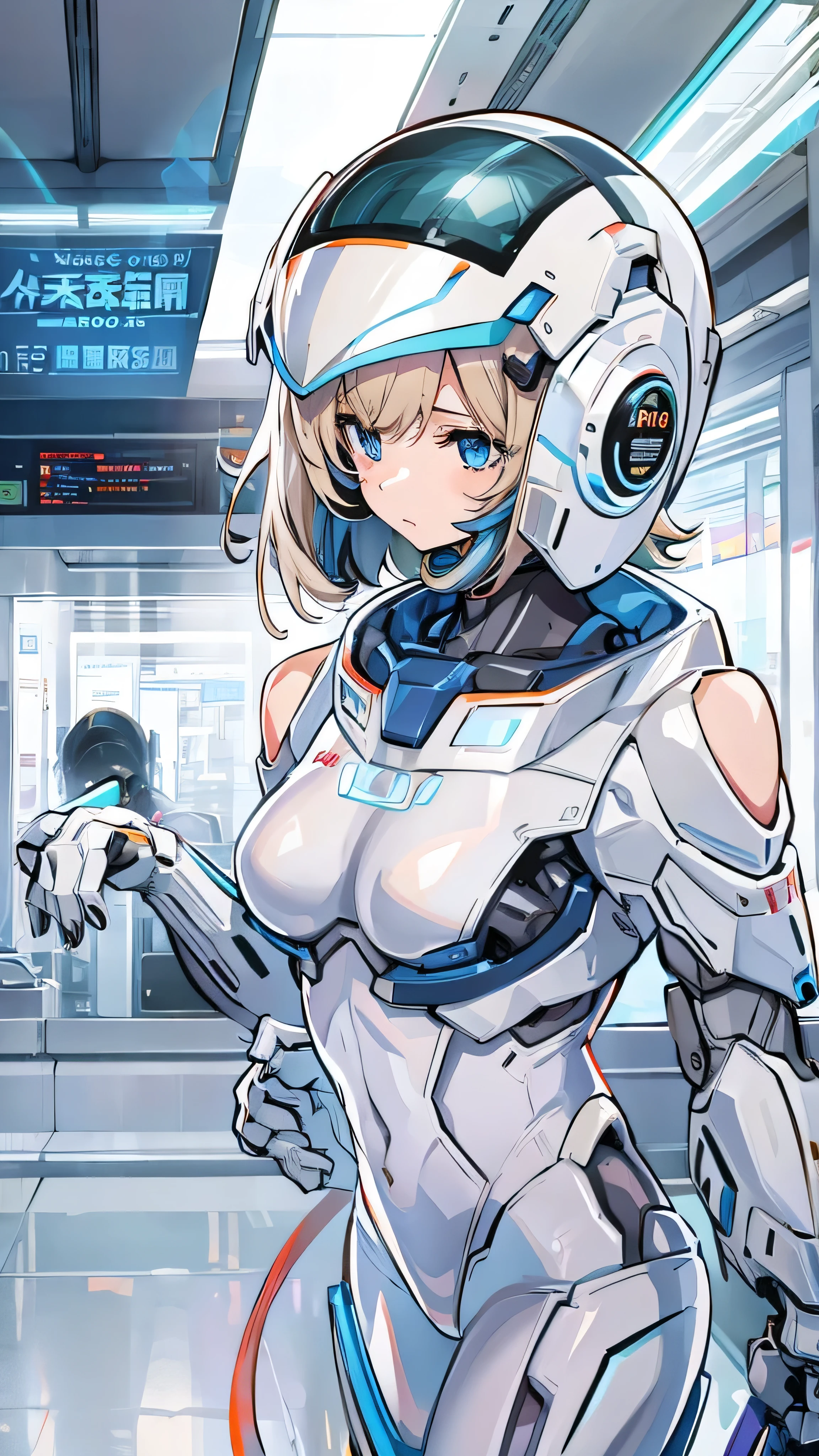 With high definition images，  beautiful girl standing in front of a robot、  high definition ,  1 girl, Super  high definition , alone,  mecha pilot,  robot ,  headphones, White space suit、  blue tights ,  review,  robot pilot 。Looking at the camera in front of a robot inside the base。