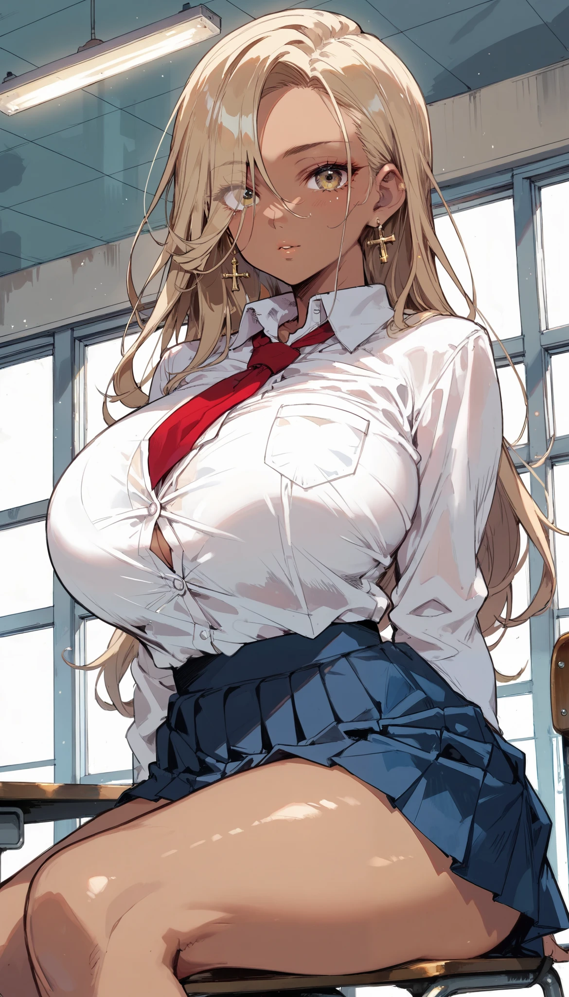 score_9, score_8_up, score_7_up,(hi-quality,high resolution),(brown skin:1.3),big eyes,Clear Eyes,Perfect Eyes,(forehead,long hair over one eye),((side parted hair)),Blonde,Long Hair,Straight Hair,Delinquent Girl,gal,((huge breasts)),((curvy)),(wide hip),(brown skin:1.3),jk,school uniform,sitting in a chair,cross your legs,cowboy shot,dynamic angle,from below