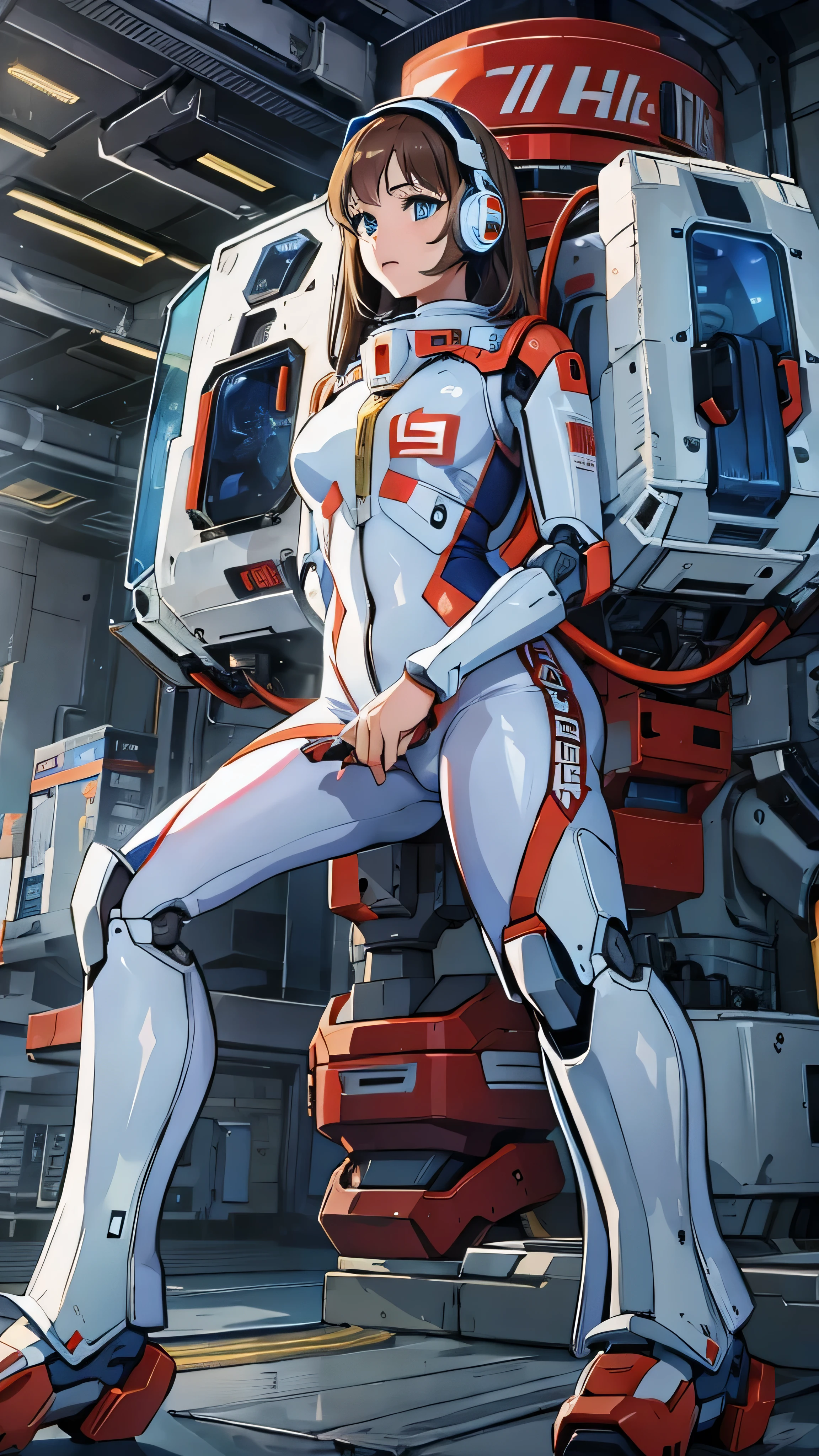 With high definition images， Beautiful Girl Standing in Front of a Robot 、  high definition ,  1 girl, Super  high definition , alone, Patlabor,  face details,  headphones, Red spacesuit 、  blue tights ,  review, robot pilot 。（Looking at the camera in front of Patlabor inside the base）