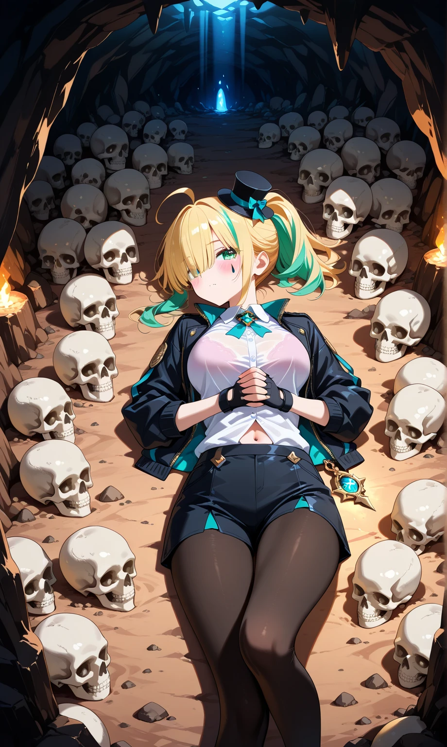 1girl, solo, bra visible through clothes, teardrop facial mark, green hair, yellow hair, blush, hair over eyes, ahoge, (vertical:1.2(split-color_hair:1, 3)), long hair, ponytail, short ponytail, green eyes, breasts, pantyhose, high weist short, open jacket, open clothes, clothing cut out above navel, black jacket, mini hat, mini top hat, own hand clasped, short short, fingerless glove, BREAK, skull of field, surrounded by skull, lying, on back, laying on back, life like, (visual impact:1.2), inside (cave:1.2), masterpice:1.2, best quality:1.3, high detailed:1.1, absurdres:1.2, dramatic lighting:1.2,intricate detail:1.2