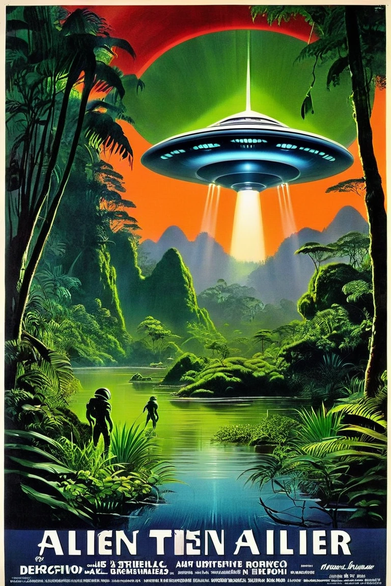  Alien Movie Posters , An extraterrestrial paradise ,  Outer Utopian Jungle ,  retro sci-fi art ,  Ancient Alien Jungle , Vintage Sci-fi Art , Damp alien jungle,  Retrofuturism Art ,  Retro 1,960 s Sci-fi Art,  Ed Emschwiller ,  poster art,  UFO napping アメリカ風の宣伝ポスター, 