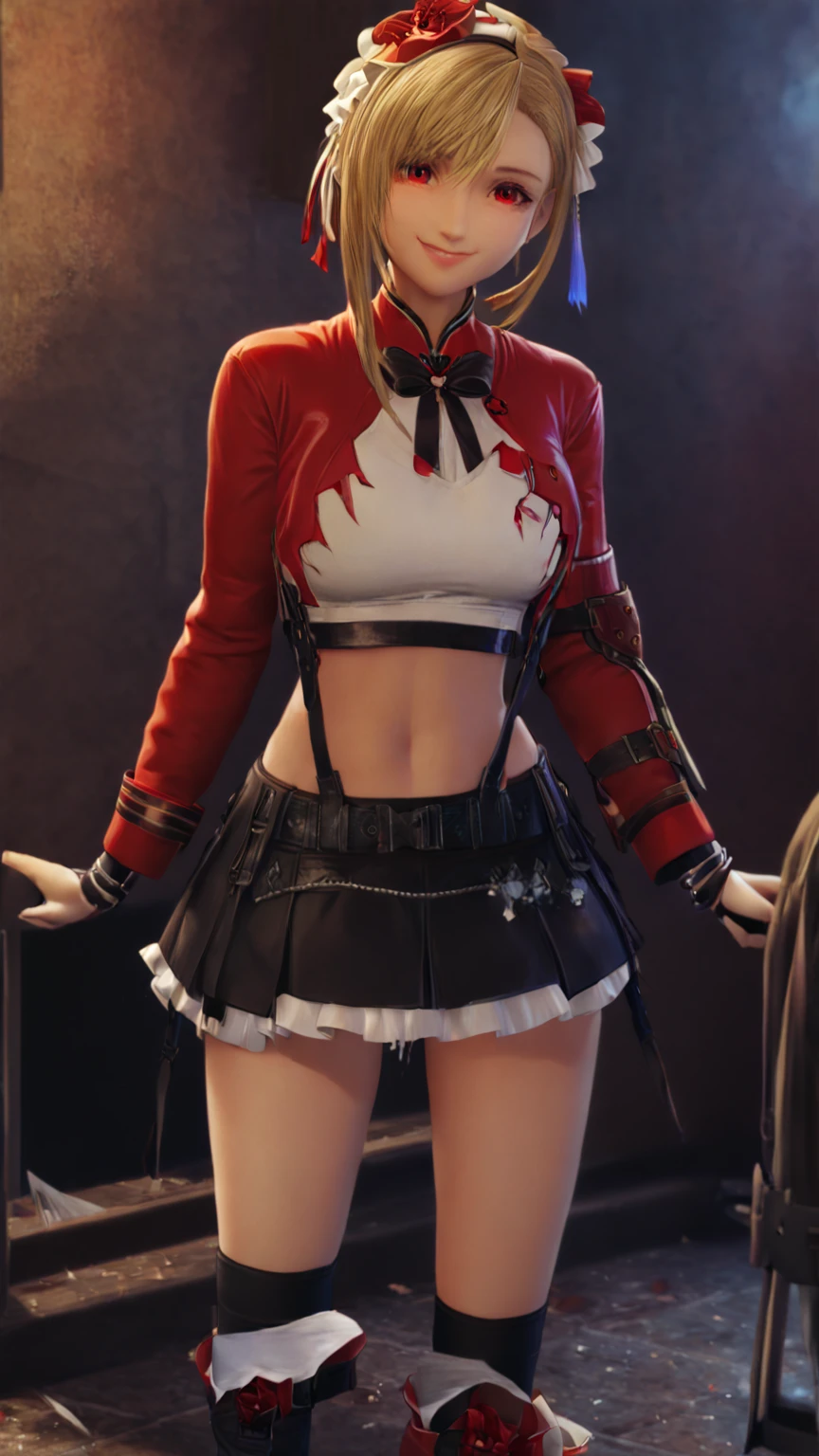  high quality ,  is of the best quality, masterpiece,  ridiculous result ,  red _jacket, ribbon,  red _Eye, blond_hair, Short_hair, hair_ribbon,  Smile, 1 Girl, torn clothes, Cloth,  