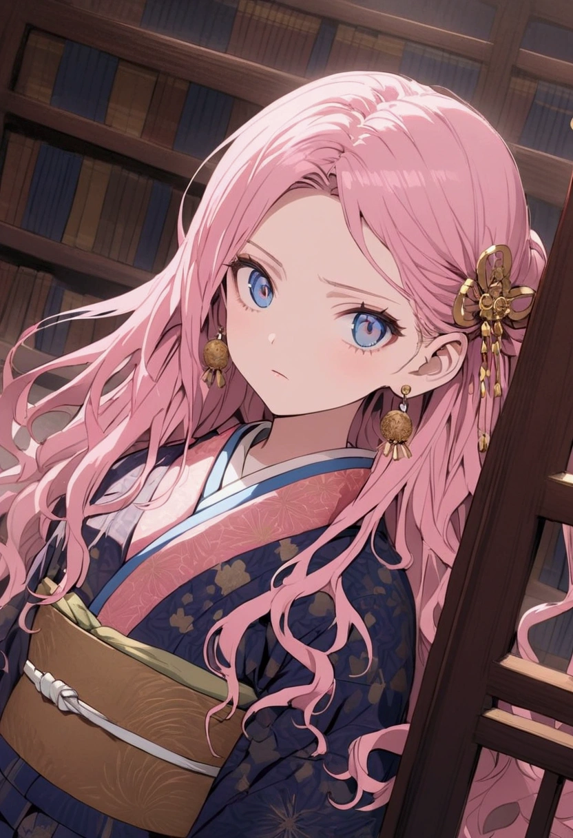 Full body angle, long Wavy pink hair, hair flowing beautifully,  hair accessories, middle parted bangs, lady in her 20s with blue & golden eyes, serious face, small hair accessories, collar style necklace, Small earrings, 1860s kimono, pretty pattern, standing inside a library, tall windows