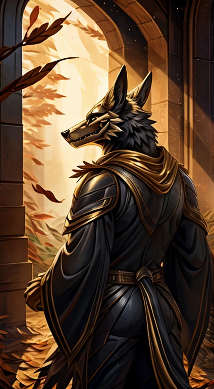 high quality, masterpiece, best detail, full body, front, furry male black wolf wearing black armor with golden feathers and leaves, hands shrouded in golden light, behind is a large spiritual projection