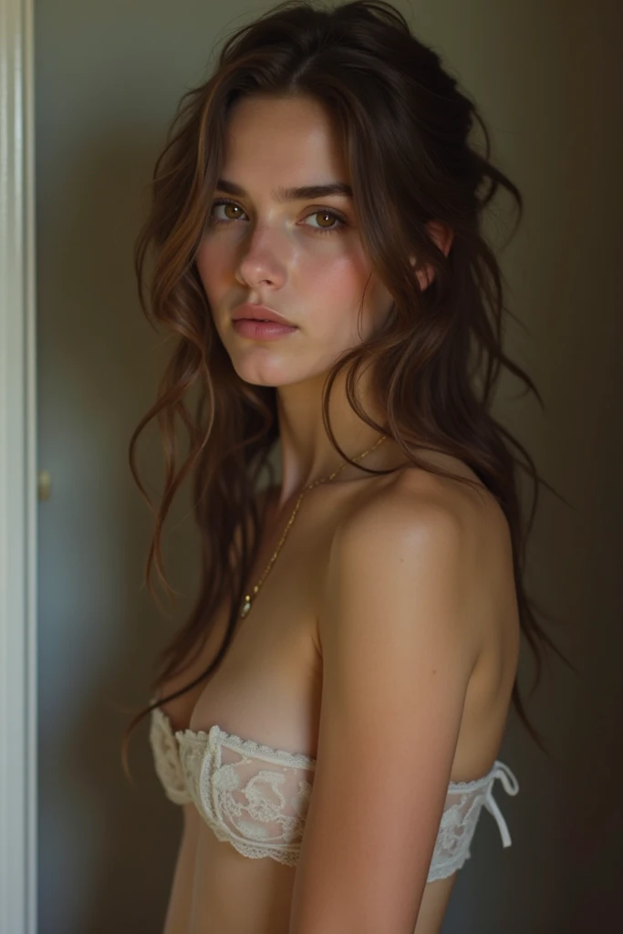 Anne Hathaway with long brown hair, sad expression, thin body, wearing a polka dot dress, delicate facial features, detailed eyes and lips, photorealistic, 8k, highly detailed, masterpiece, dramatic lighting, cinematic, moody colors, muted tones.