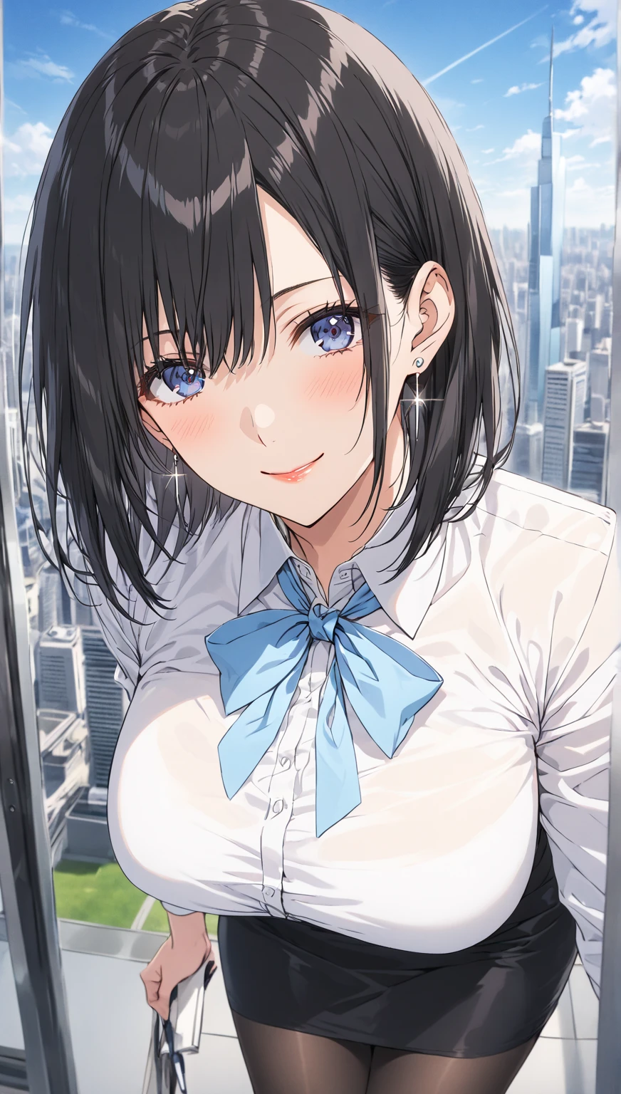 solo, young mature woman, black short hair, blue eyes, mouth close, smile, stands in a sleek modern office with floor-to-ceiling glass windows offering a cityscape view, blue sky, dressed in a fitted white shirt, ice blue bowtie, paired with a matching pencil skirt, black pantyhose, silver earrings glint subtly, big breast, ((depth of field, focus))