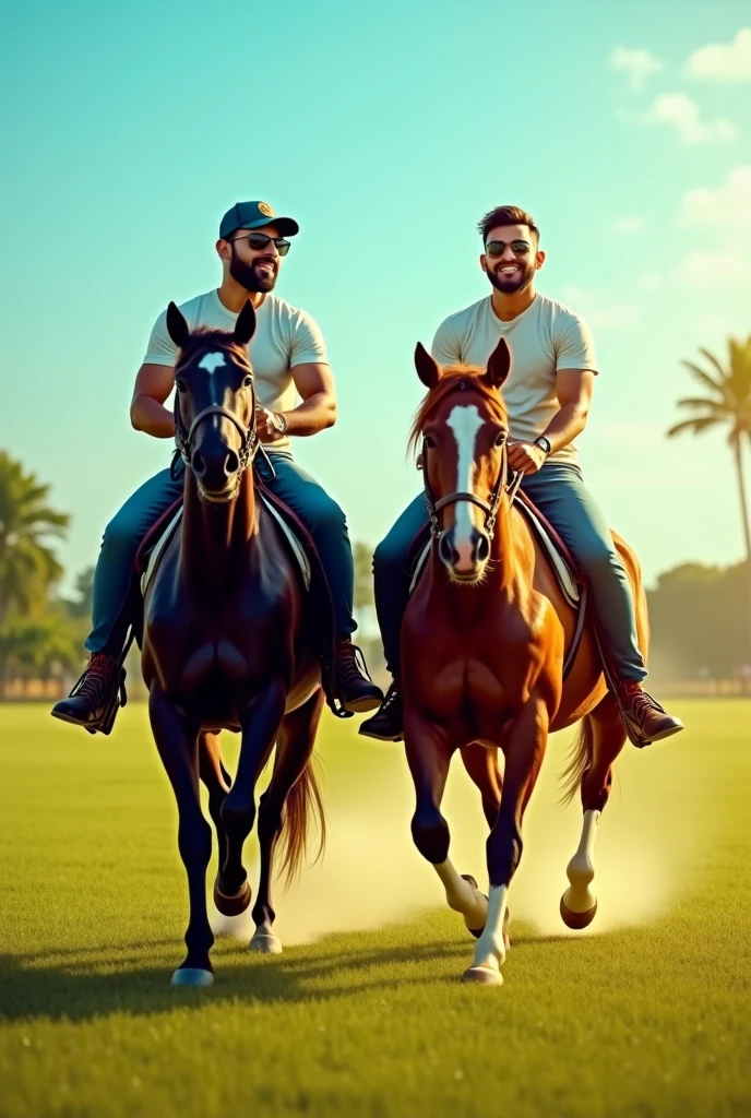 Two handsome young men, with beautiful faces and fair, smooth skin. One is light-skinned and the other muscular, shirtless, with short black hair. They are riding a horse together, on the same horse.