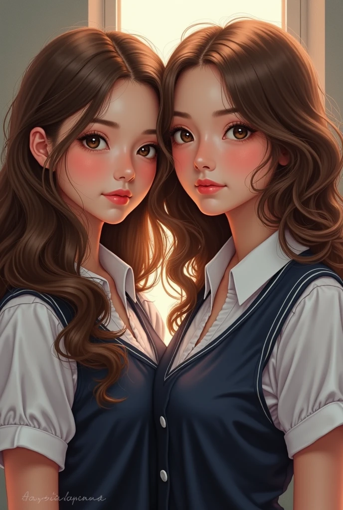 Two girls, with school uniforms, lesbian couple, looking at each other, tall, beautiful, flat,
