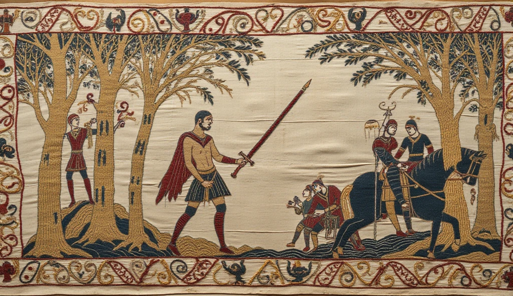 tapeçaria_style, A richly detailed medieval tapestry illustrating a legendary Celtic battle scene. The image depicts a powerful Celtic warrior in a stylized version of an epic battlefield. He stands surrounded by ancient forests with intricate patterns weaving through the trees, evoking the spirit of medieval tapestries. His muscular form, adorned in dark blue war paint and a simple cloth around his waist, wields a massive, glowing sword, reminiscent of a mythical hero. Shadowy enemy figures, armored and ominous, resemble dark knights in the misty background. The entire scene is crafted with golden threads, with elaborate designs and decorative medieval borders enhancing the atmosphere. The piece captures the fierce grandeur and mythic quality of ancient Celtic lore, combining delicate craftsmanship with powerful storytelling, creating a masterpiece tapestry with exquisite details and an 8K level of resolution.

