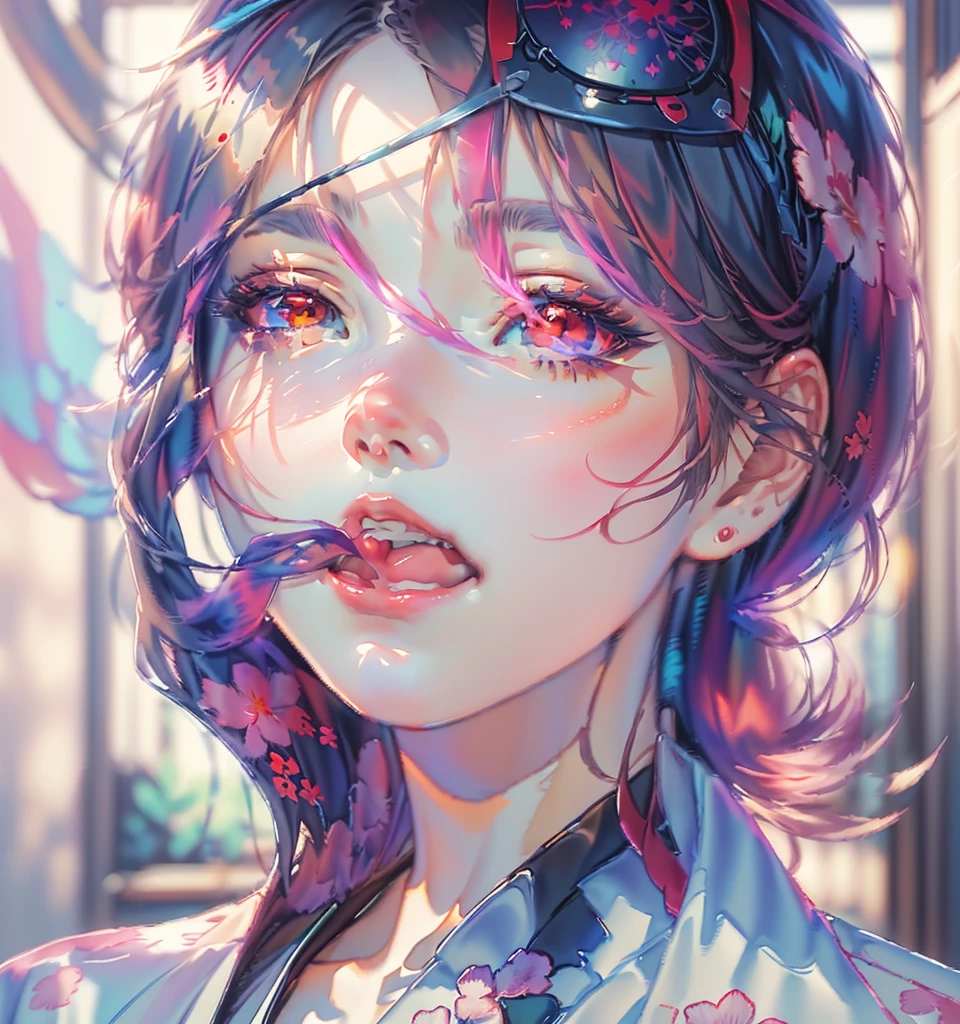   Cute Realistic Portrait ,  portrait of an anime girl ,  detailed portrait of anime girl,  beautiful animated portrait with rainbow-colored hair adorned with flowers,  Stunning Anime Face Portrait,  Gweize on Pixiv artstation , かわいい portrait of an anime girl ,  digital anime illustration , [  4K DIGITAL ART ]!!、 tongue、gauze、Bandage、Eye patch、red