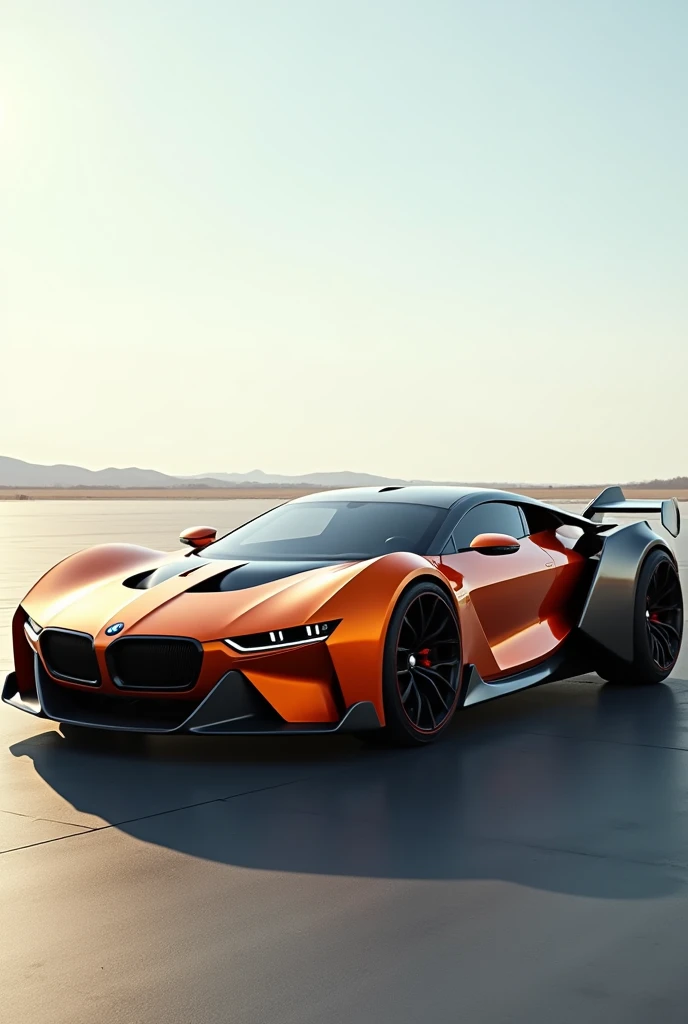 "Create a concept car that seamlessly merges the design elements of the BMW M1 (orange vintage sports car) with the Lamborghini Countach (white classic supercar). The car should combine the angular, retro styling of the BMW M1 with the sharp, futuristic, and iconic features of the Lamborghini Countach. Retain signature elements like the distinctive grilles, headlights, and overall body shape of both cars, blending them into a unified and futuristic design. The final concept should embody the boldness of classic automotive design with a touch of modern innovation."
The background should be a big planes