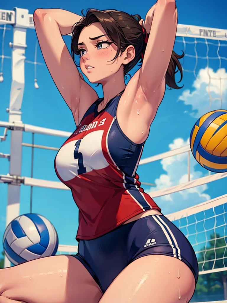 (Highest quality:1.5, High resolution, uhd, 4K, Detailed lighting, Shaders), ((Kugisaki Nobara)) ,solo short hair　Brown Hair　Brown eyes　Cool face　　((Volleyball Uniforms))++　Realistic gym　 Sweat　Super oily skin　　Preparing for exercise　No ball　No sleeve　Cowboy Shot