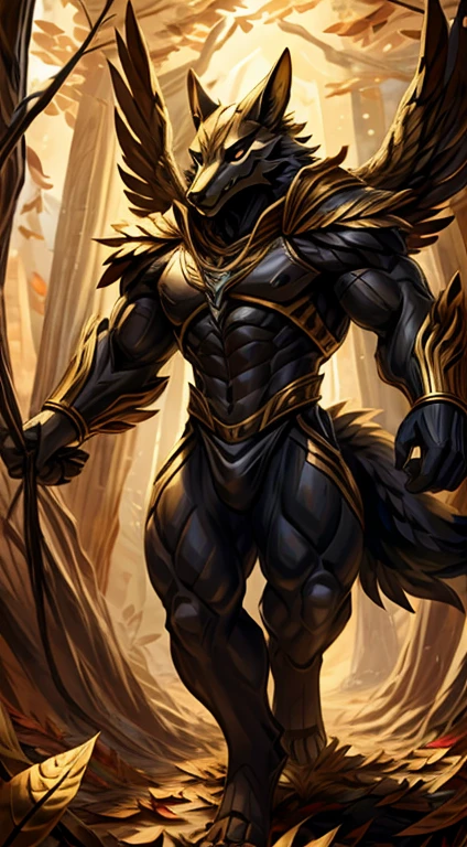 high quality, masterpiece, best detail, full body, front, furry male black wolf wearing black armor with golden feathers and leaves, hands shrouded in golden light, large avatar embodiment around him