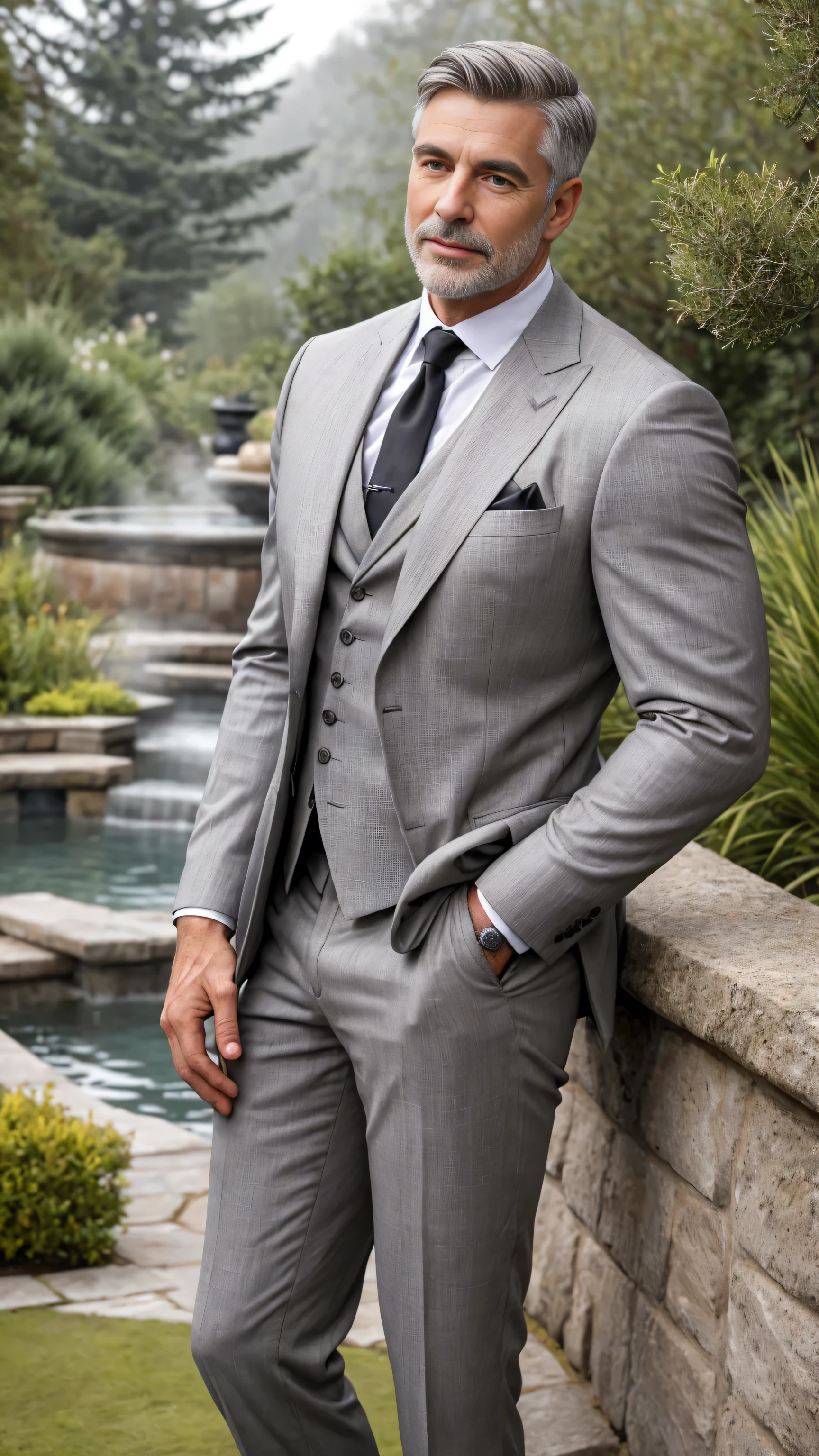 Outdoor Hot Spring Hall Garden Landscape! Stone lamp! Beautiful environment! Water and fog!Best quality, masterpiece, ultra high res,detailed background,solo,male,mature,bara,muscular,mature male,silver formal suit,office,salaryman, ,plants, from below, depth of field,, mature male, arm hair, ! Skinny and tall!(Chest hair:1.8) ! High detail 8K)! ((Realistically)), ! 186 cm! 70 kilograms! Popular clips! ( High-detail 8k ((realistically)), big hairy black areola! , best quality, bright lighting, focus, theater! 3, hairy breasts, thick hair , Reddit, photo realism, gray hainely sculpted eyes! gray hair!, body perfect blend of organic and artificial,midjourney gray hair!! photo realism, Short hair! Outdoor。Beautiful calves hair!!!!,Germany Male !Height 208cm, small head! Germany! Advertisements with a sense of design ,Germany Male !, small head! More Detail High detail 8K)! Popular clips!, Dark skin, best quality, focus, ! 3, Adam Dario Kier screenshot, photo realism, Short hair! Gray hair!